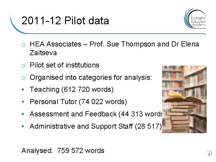 2011 -12 Pilot data o HEA Associates – Prof. Sue Thompson and Dr Elena