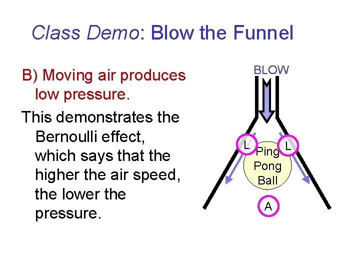 Class Demo: Blow the Funnel B) Moving air produces low pressure. This demonstrates the