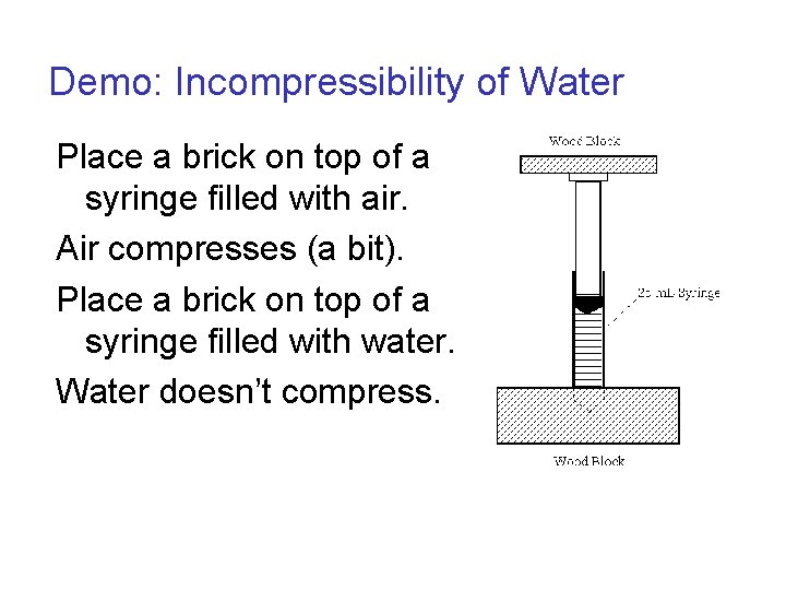 Demo: Incompressibility of Water Place a brick on top of a syringe filled with