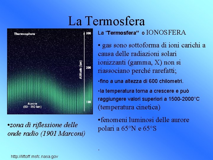 La Termosfera La “Termosfera” o IONOSFERA • gas sono sottoforma di ioni carichi a