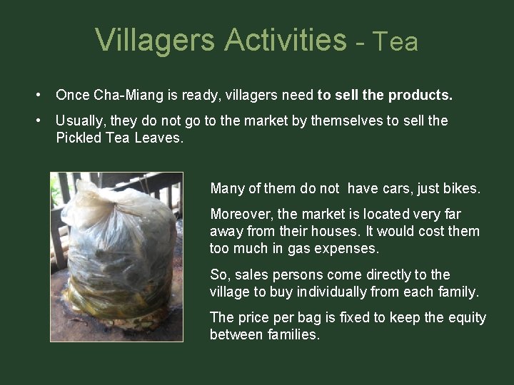 Villagers Activities - Tea • Once Cha-Miang is ready, villagers need to sell the