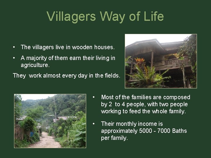 Villagers Way of Life • The villagers live in wooden houses. • A majority