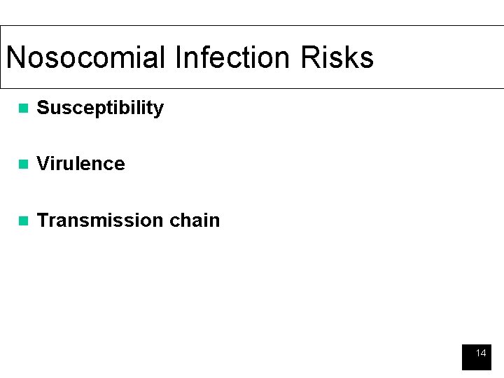 Nosocomial Infection Risks n Susceptibility n Virulence n Transmission chain 14 