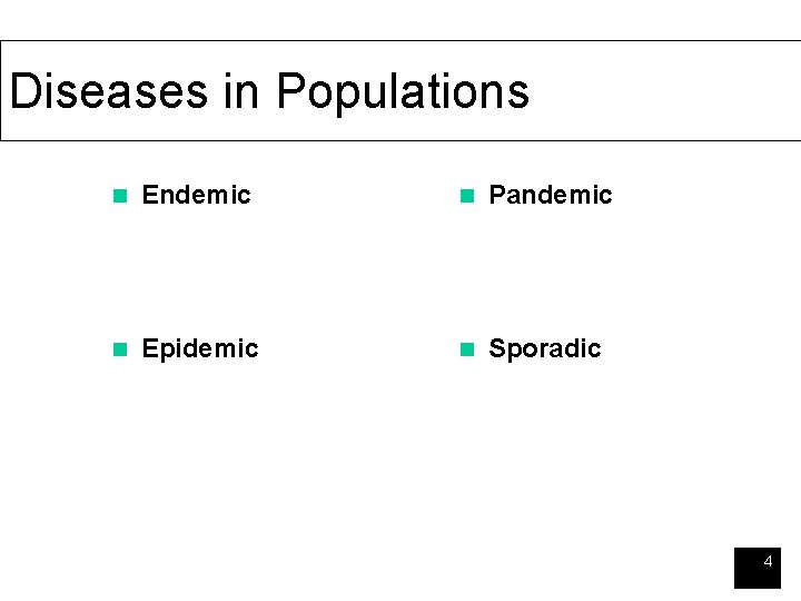 Diseases in Populations n Endemic n Pandemic n Epidemic n Sporadic 4 