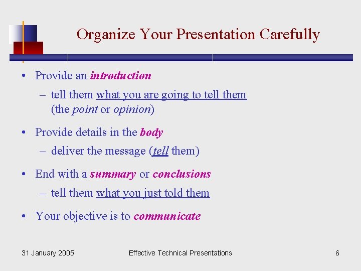 Organize Your Presentation Carefully • Provide an introduction – tell them what you are