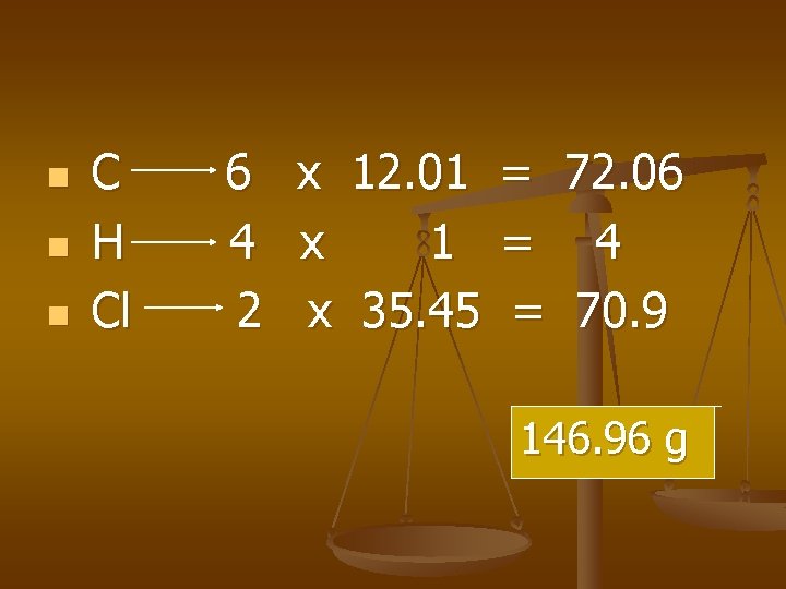 n n n C H Cl 6 x 12. 01 = 72. 06 4