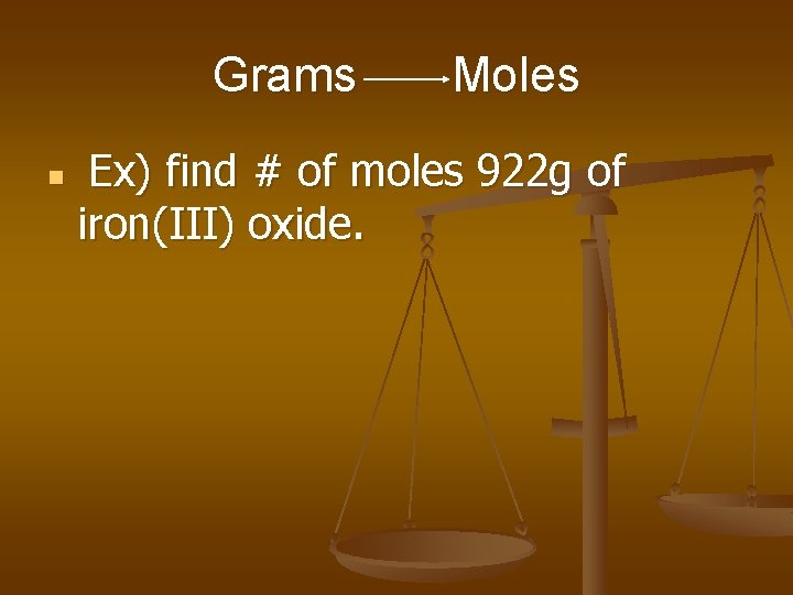 Grams n Moles Ex) find # of moles 922 g of iron(III) oxide. 