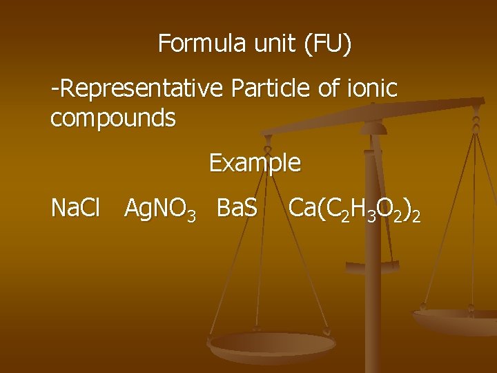 Formula unit (FU) -Representative Particle of ionic compounds Example Na. Cl Ag. NO 3