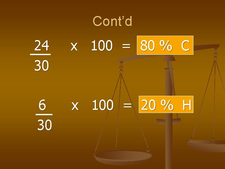 Cont’d 24 30 x 100 = 80 % C 6 30 x 100 =