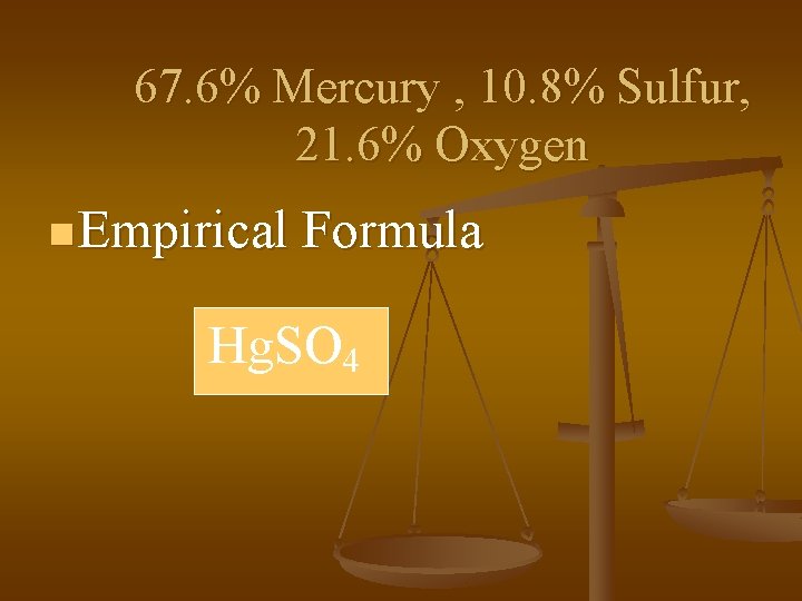 67. 6% Mercury , 10. 8% Sulfur, 21. 6% Oxygen n Empirical Formula Hg.
