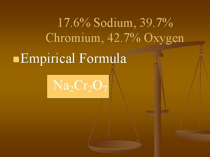17. 6% Sodium, 39. 7% Chromium, 42. 7% Oxygen n Empirical Formula Na 2
