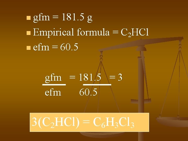 n gfm = 181. 5 g n Empirical formula = C 2 HCl n