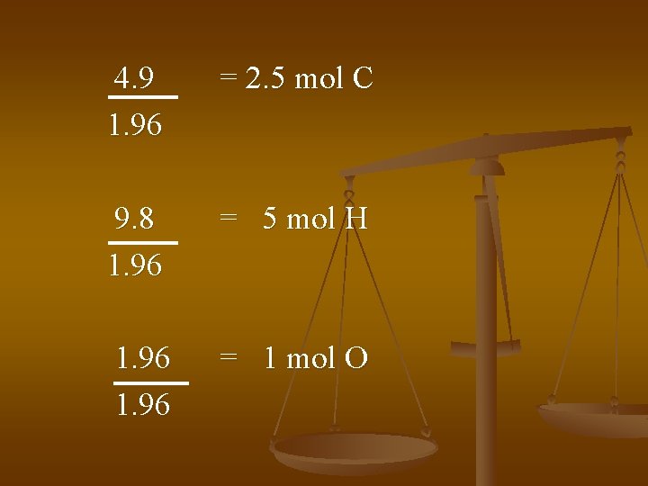 4. 9 1. 96 = 2. 5 mol C 9. 8 1. 96 =