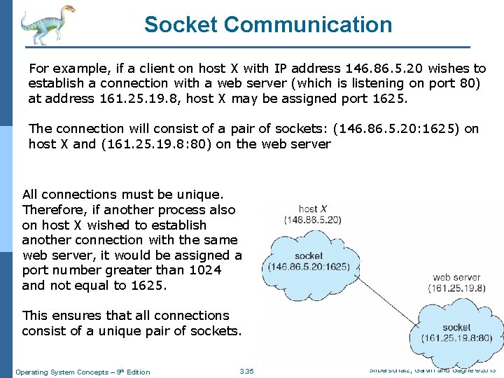 Socket Communication For example, if a client on host X with IP address 146.