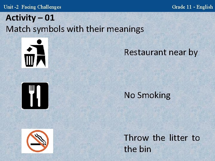 Grade 11 - English Unit -2 Facing Challenges Activity – 01 Match symbols with
