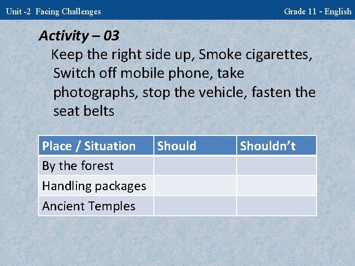 Unit -2 Facing Challenges Grade 11 - English Activity – 03 Keep the right