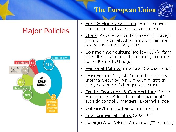 The European Union Major Policies ▪ Euro & Monetary Union: Euro removes transaction costs