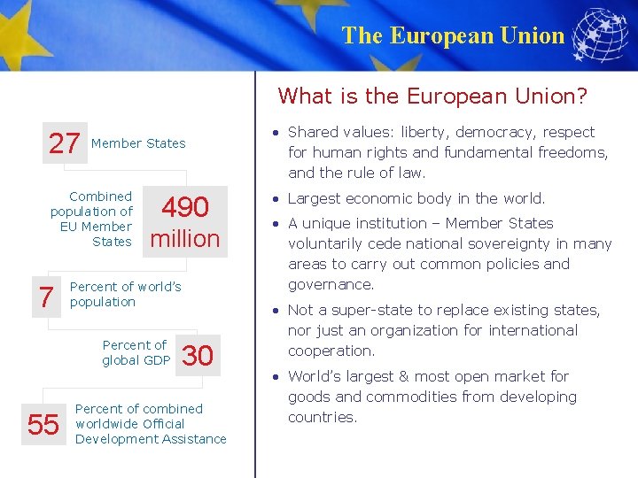 The European Union What is the European Union? 27 Member States Combined population of