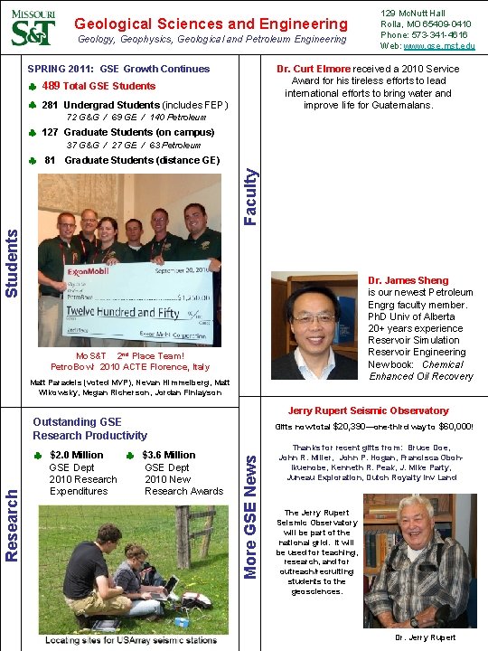 Geological Sciences and Engineering Geology, Geophysics, Geological and Petroleum Engineering SPRING 2011: GSE Growth