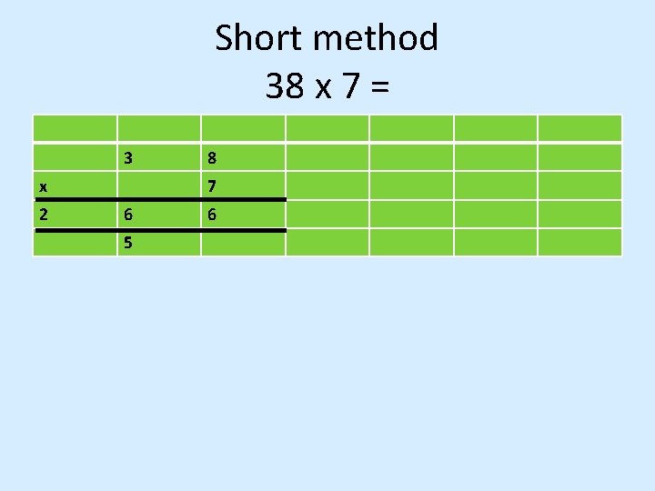 Short method 38 x 7 = 3 x 2 8 7 6 5 6