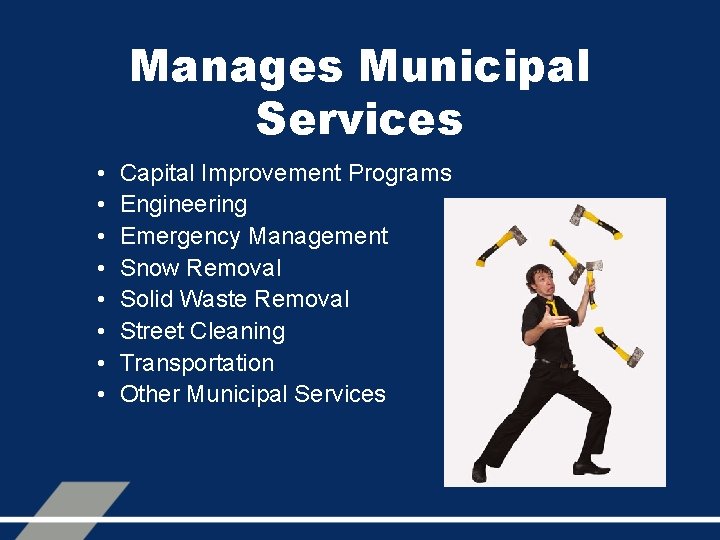 Manages Municipal Services • • Capital Improvement Programs Engineering Emergency Management Snow Removal Solid
