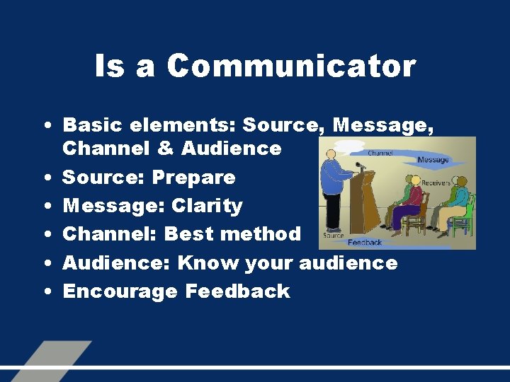 Is a Communicator • Basic elements: Source, Message, Channel & Audience • Source: Prepare