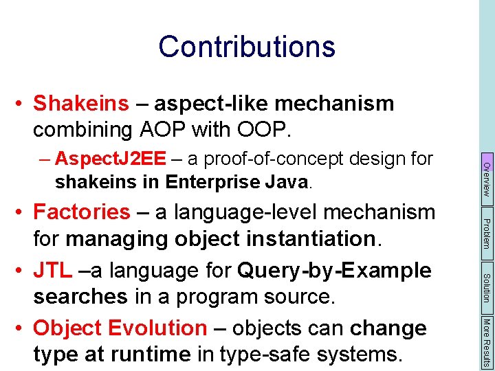 Contributions • Shakeins – aspect-like mechanism combining AOP with OOP. Problem Solution More Results