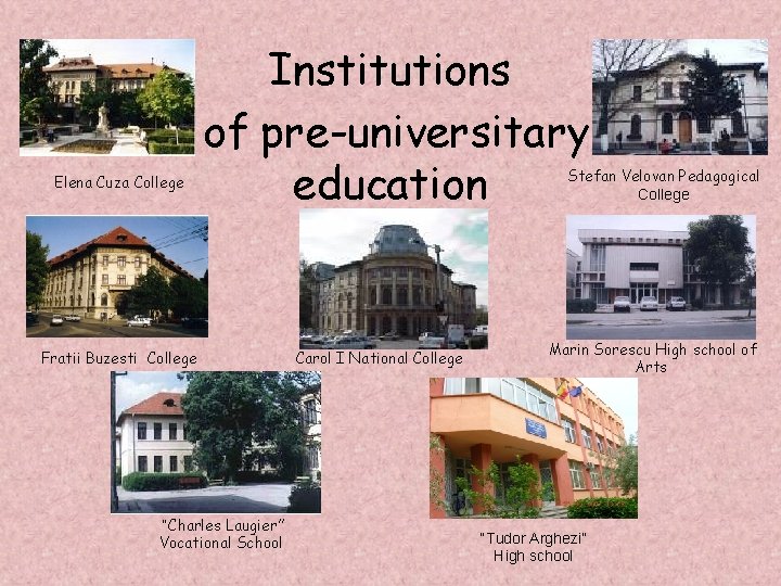 Elena Cuza College Institutions of pre-universitary education Fratii Buzesti College “Charles Laugier” Vocational School Elena Cuza College Institutions of pre-universitary education Fratii Buzesti College “Charles Laugier” Vocational School