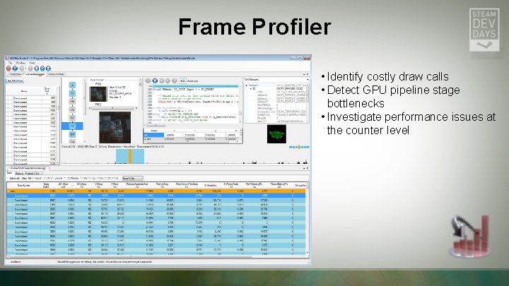 Frame Profiler • Identify costly draw calls • Detect GPU pipeline stage bottlenecks • Frame Profiler • Identify costly draw calls • Detect GPU pipeline stage bottlenecks •