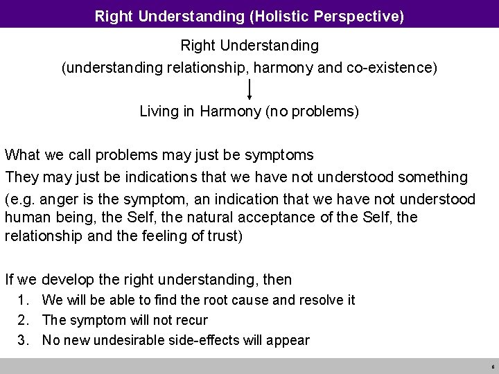 Right Understanding (Holistic Perspective) Right Understanding (understanding relationship, harmony and co-existence) Living in Harmony