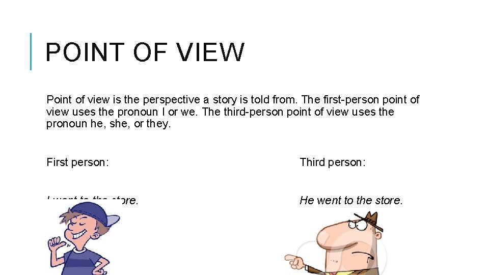 POINT OF VIEW Point of view is the perspective a story is told from.