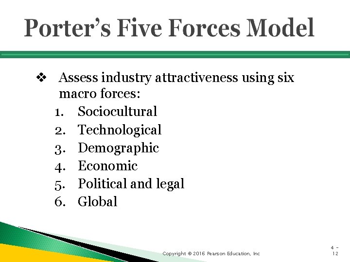 v Assess industry attractiveness using six macro forces: 1. Sociocultural 2. Technological 3. Demographic