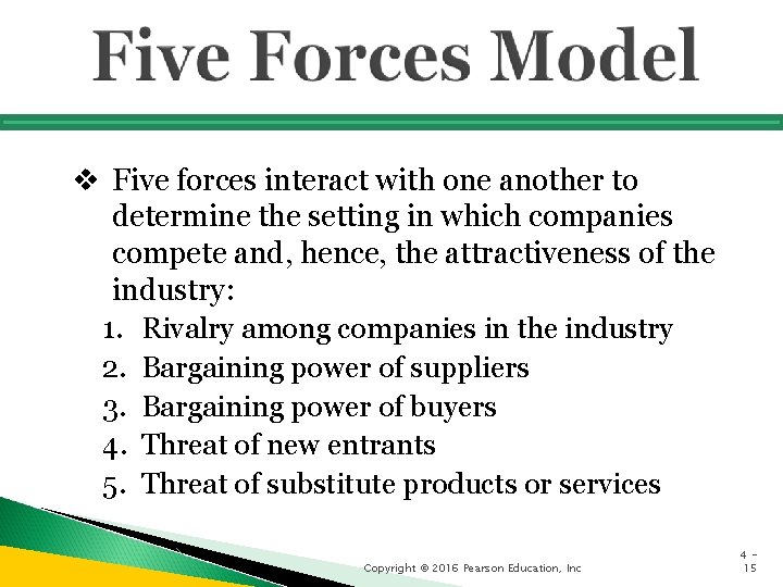 v Five forces interact with one another to determine the setting in which companies