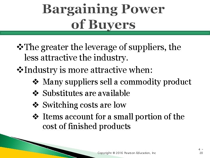 v. The greater the leverage of suppliers, the less attractive the industry. v. Industry