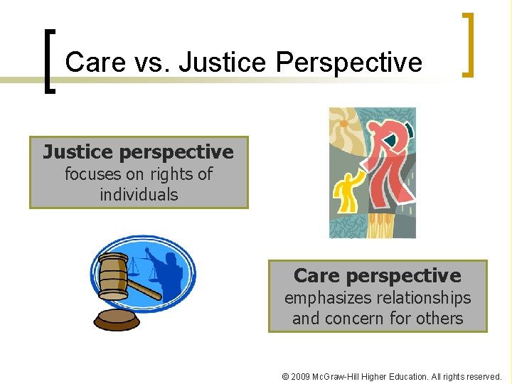 Care vs. Justice Perspective Justice perspective focuses on rights of individuals Care perspective emphasizes