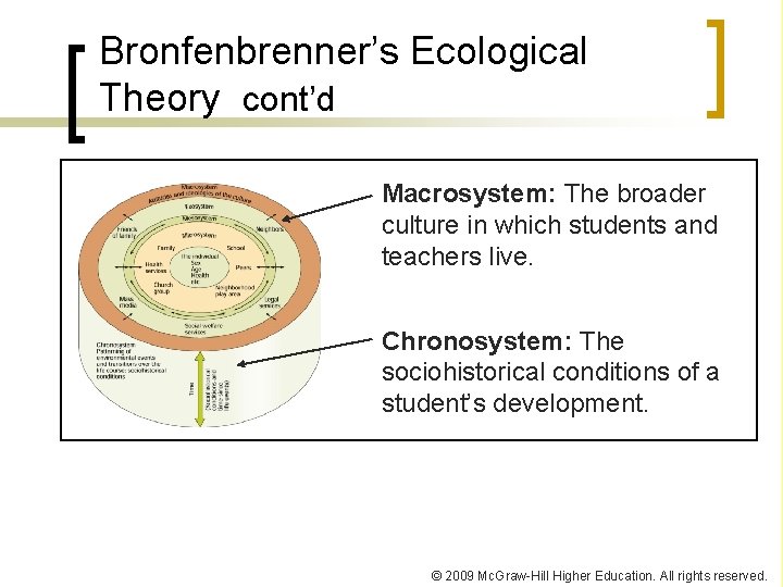 Bronfenbrenner’s Ecological Theory cont’d Macrosystem: The broader culture in which students and teachers live.
