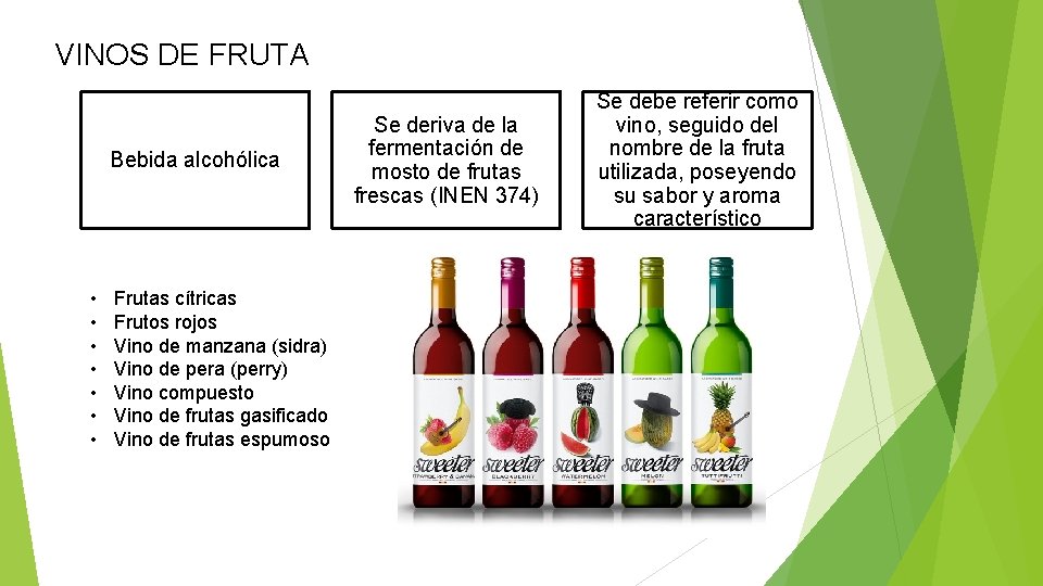 VINOS DE FRUTA Bebida alcohólica • • Frutas cítricas Frutos rojos Vino de manzana