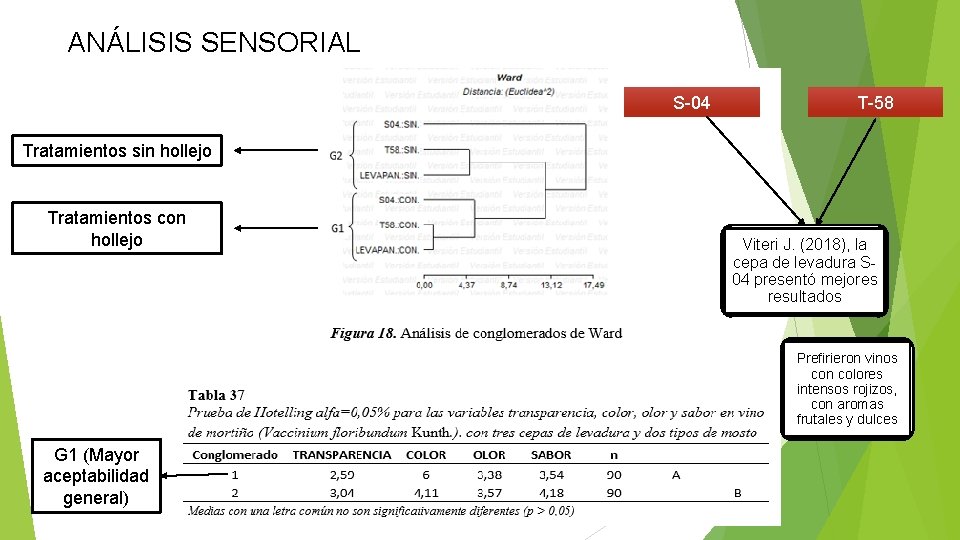 ANÁLISIS SENSORIAL S-04 T-58 Tratamientos sin hollejo Tratamientos con hollejo Viteri J. (2018), la