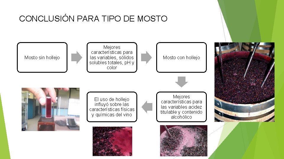 CONCLUSIÓN PARA TIPO DE MOSTO Mosto sin hollejo Mejores características para las variables, sólidos