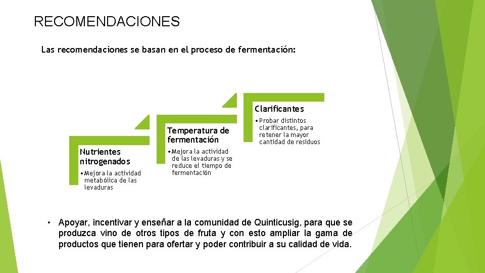 RECOMENDACIONES Las recomendaciones se basan en el proceso de fermentación: Clarificantes Temperatura de fermentación RECOMENDACIONES Las recomendaciones se basan en el proceso de fermentación: Clarificantes Temperatura de fermentación