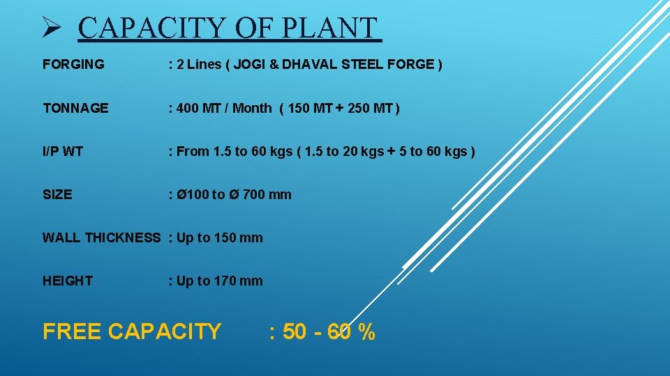 Ø CAPACITY OF PLANT FORGING : 2 Lines ( JOGI & DHAVAL STEEL FORGE