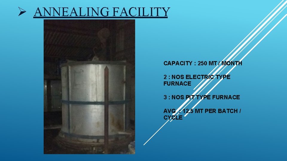 Ø ANNEALING FACILITY CAPACITY : 250 MT / MONTH 2 : NOS ELECTRIC TYPE