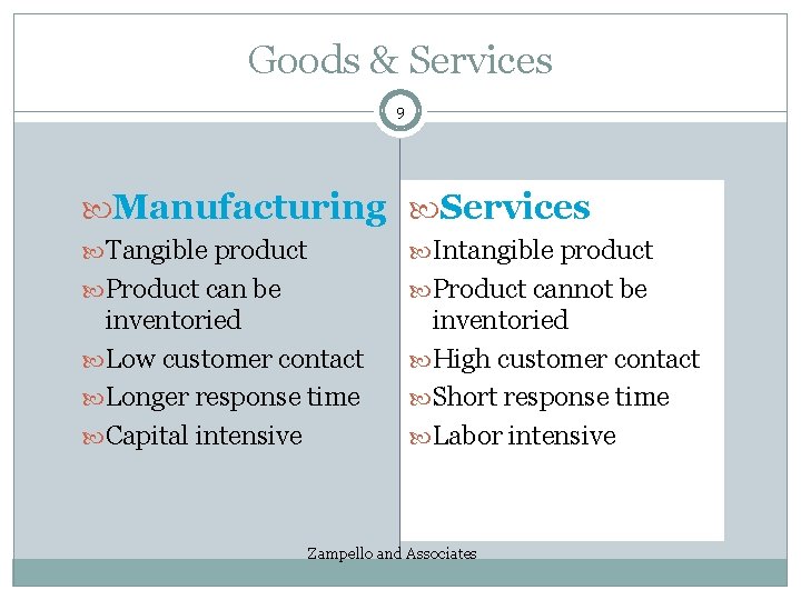 Goods & Services 9 Manufacturing Services Tangible product Intangible product Product can be Product