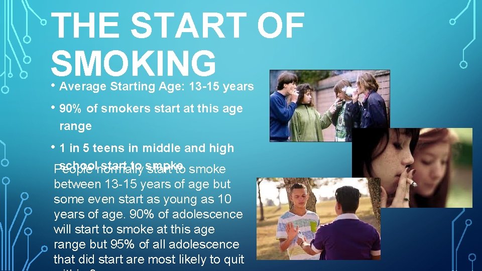 THE START OF SMOKING • Average Starting Age: 13 -15 years • 90% of