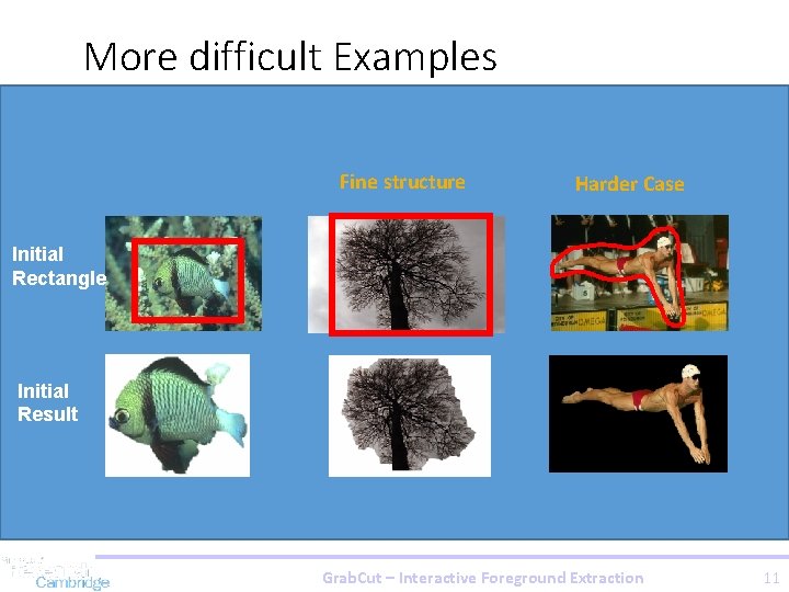 More difficult Examples Fine structure Harder Case Camouflage & Initial Rectangle Low Contrast Initial