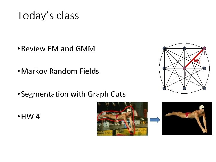 Today’s class • Review EM and GMM wij • Markov Random Fields • Segmentation