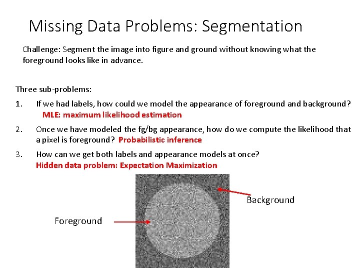 Missing Data Problems: Segmentation Challenge: Segment the image into figure and ground without knowing