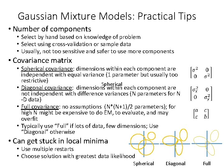 Gaussian Mixture Models: Practical Tips • Number of components • Select by hand based