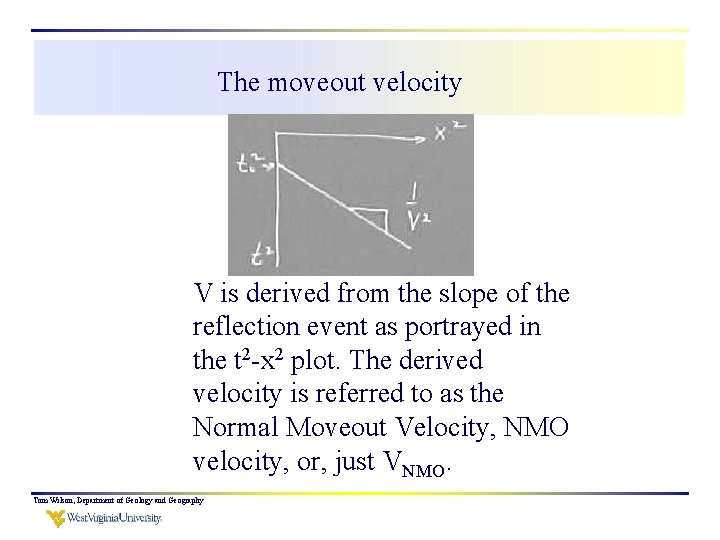The moveout velocity V is derived from the slope of the reflection event as