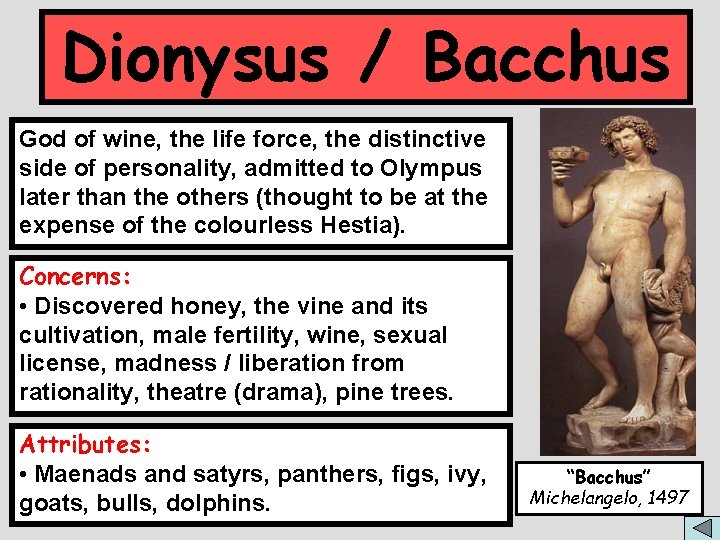 Dionysus / Bacchus God of wine, the life force, the distinctive side of personality,